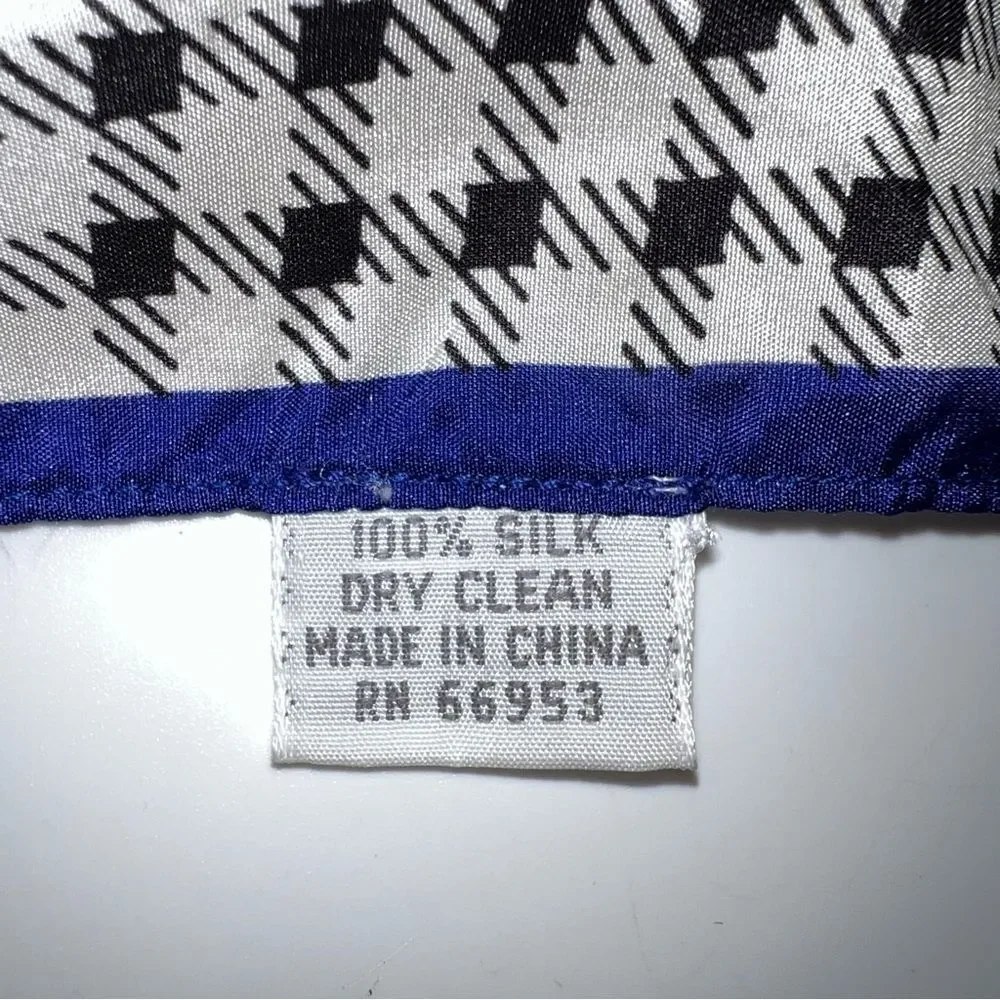 Leslie Fay 100% Silk Scarf Black, White w/Blue & CheckerBoarders Paisley Center